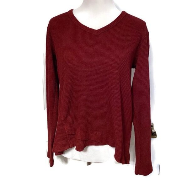 WILT TOP DARK RED WAFFLE V-NECK LONG SLEEVE HIGH LOW HEM SIZE M - Picture 2 of 12